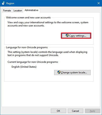 نصب و تنظیم زبان در ویندوز 10: کپی کردن تنظیمات  انتخاب منطقه در بخش تغییر زبان در ویندوز 10